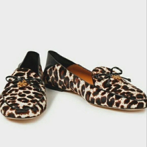 Tory Burch Leopard Print Loafers Size 5 - Calf Hair Apron Toe Ballet Flats - Picture 1 of 10